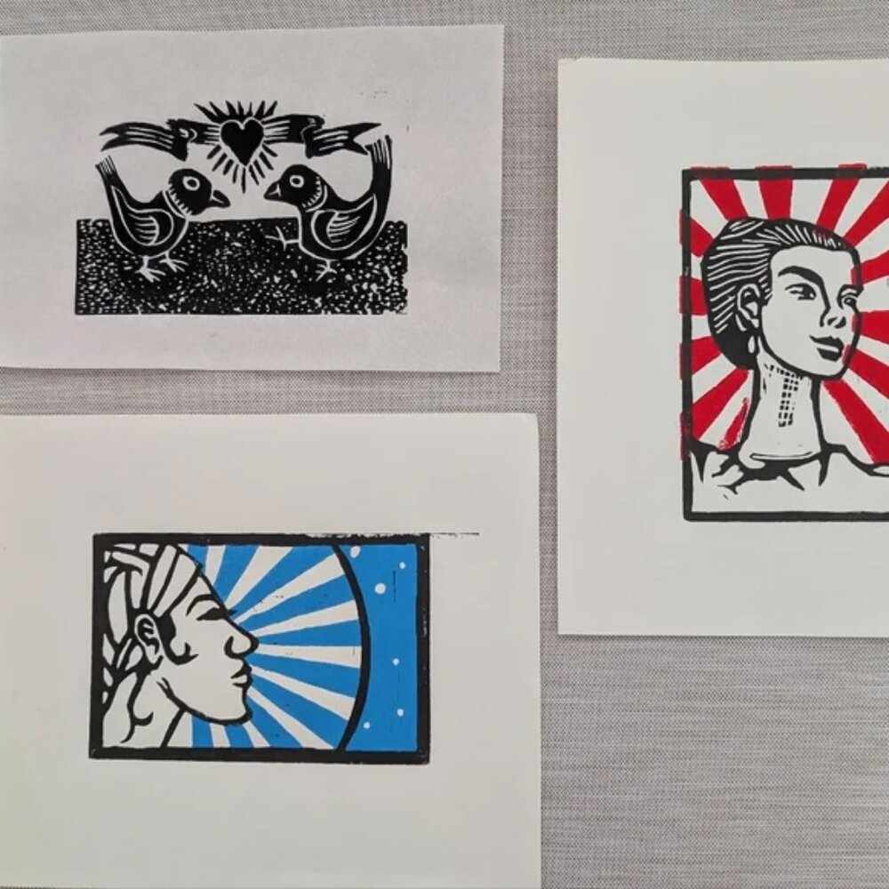 Set of 3 Handcrafted Lino Prints – Lovebirds Cute –6x4” Rustic Handmade Art